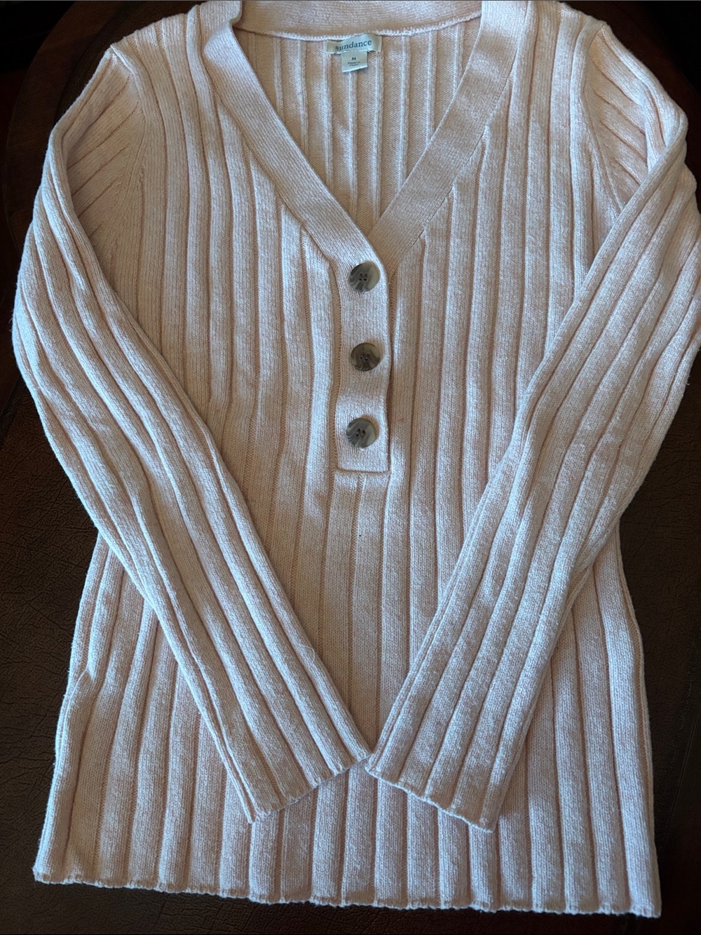 Sundance Light Pink Ribbed V-Neck Button Sweater Excellent Condition Size Small